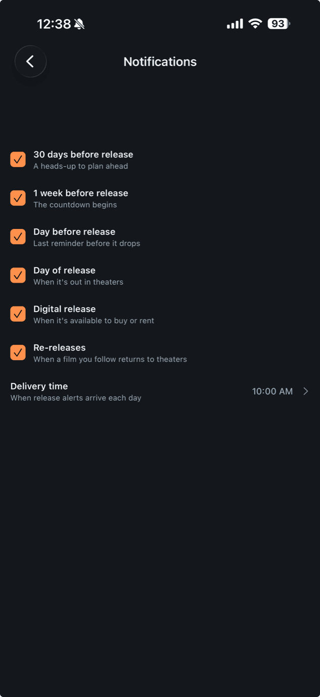 Newvies notification settings, with separate switches for alerts 30 days, 1 week and 1 day before release, on release day, on digital release, and for re-releases, plus a daily delivery time.