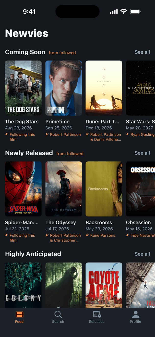 The Newvies feed, with Coming Soon and Newly Released rows of posters, each labelled with the followed actor or director it came from.