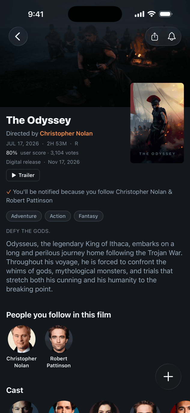 The film page for The Odyssey, showing its release date, runtime, digital release date, trailer button, and a note that you will be notified because you follow Christopher Nolan and Robert Pattinson.